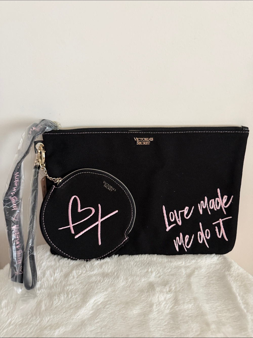 Victoria's Secret Black Wristlet Pouch with Pink Script and Coin Case